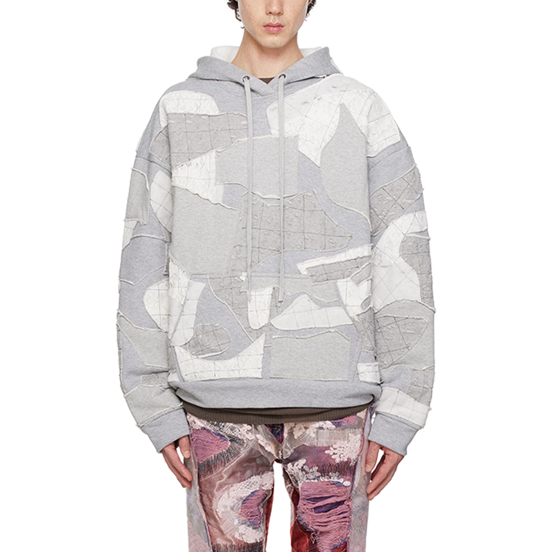 hongfeng manufactures mens gray hoodie with premium cotton and heavyweight patchwork designs.